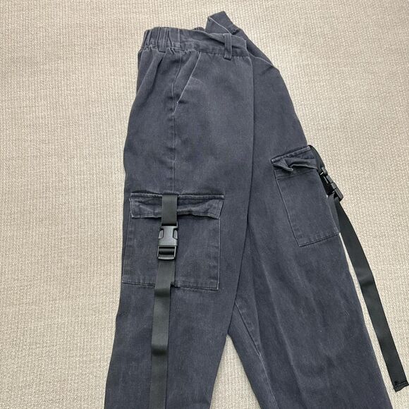 Black 2000's y2k grunge denim cargo pants elastic waist buckles and straps - Picture 4 of 4